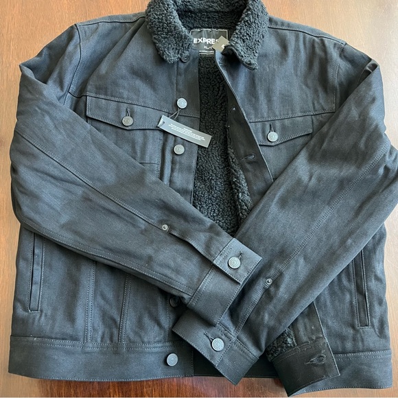 Express mens black denim fur lined jacket. - Picture 2 of 12